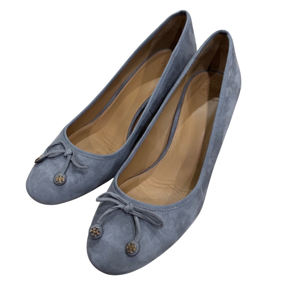 Tory Burch Laila Driver Pumps Gray Suede Gold Logo Block Heel Round Toe sz 11